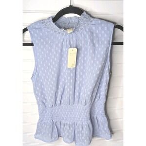 Japna Womens Tank Blouse NWT Medium Sleeveless Mock Neck Spring Blue Ruffle Dots